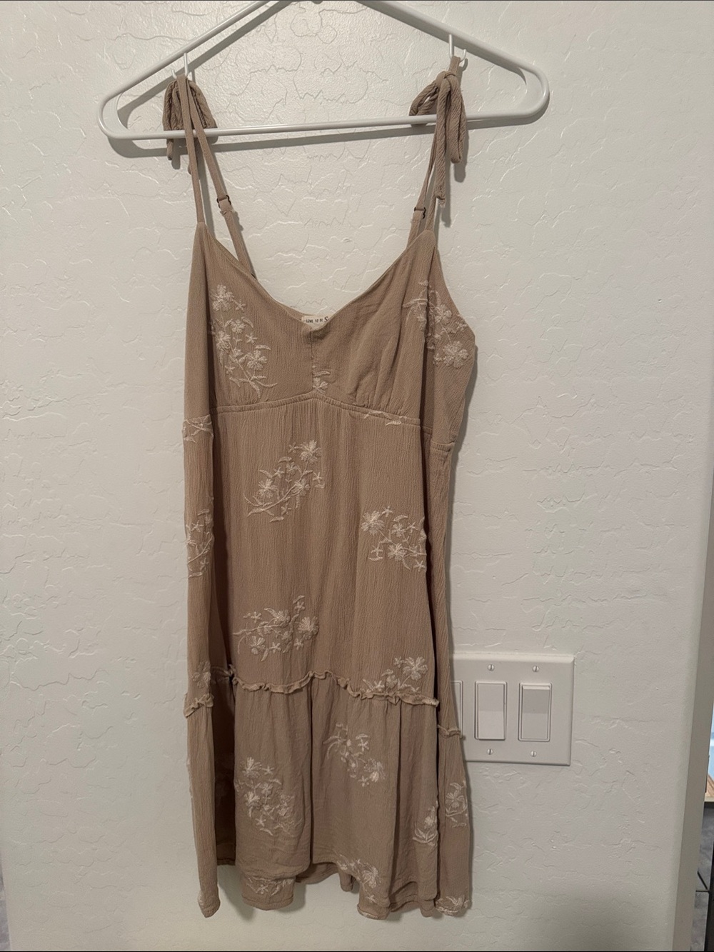 Tie-Shoulder Beige Floral Mini Dress
